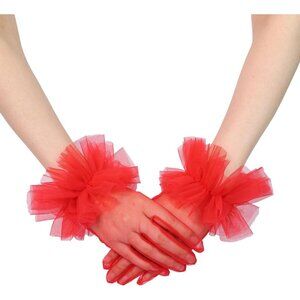 Women's Evening Red Ruffles Tulle Mesh Short Gloves Party Tea Wedding Prom